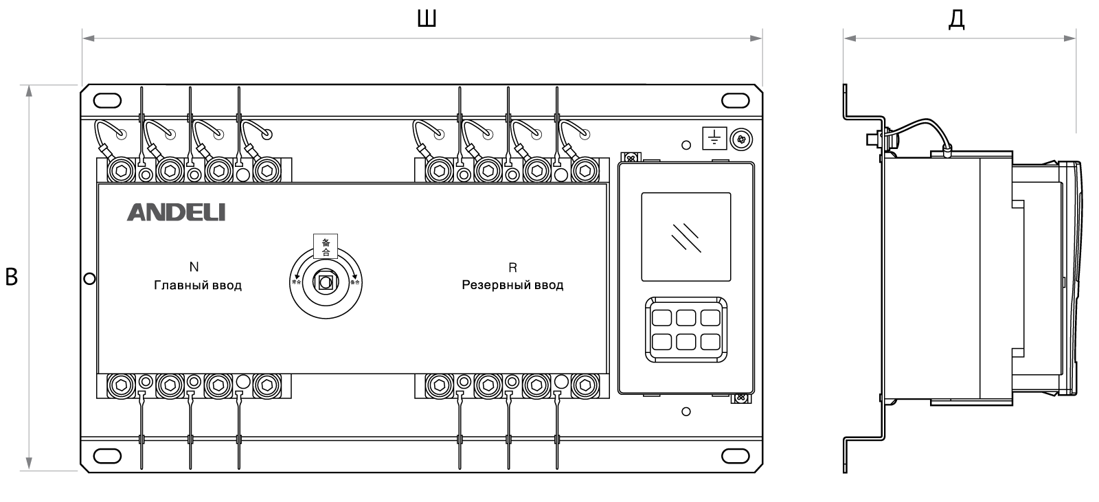 Габариты автоматического ввода резерва (АВР) Andeli HATS-7